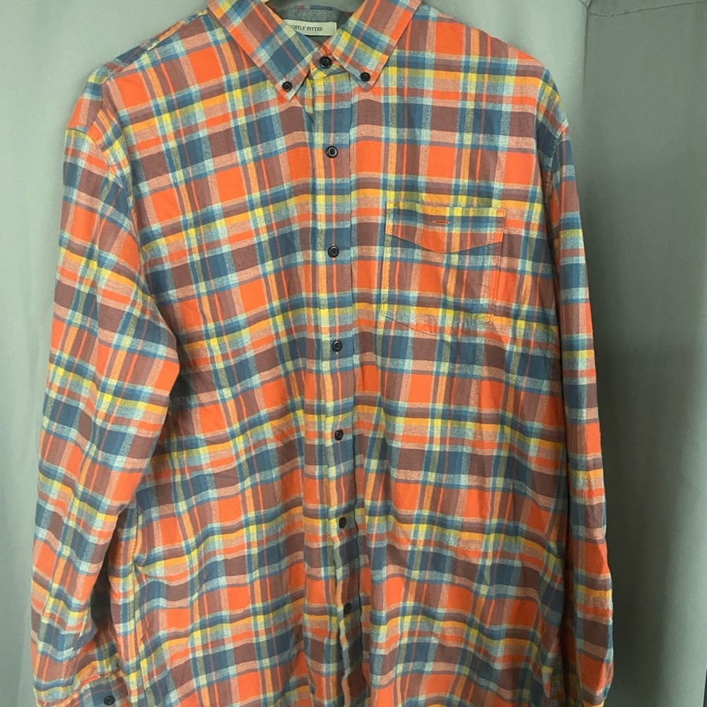 L.L. Bean Men's Orange and Blue Plaid Shirt